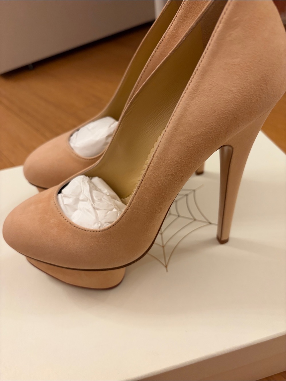 Encore Jeans Nude Suede High Heel Pumps